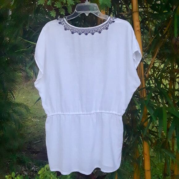GAP Embroidered Tunic White Blue Cotton SZ S BOHO Blue Drawstring Short Sleeve - Picture 2 of 5